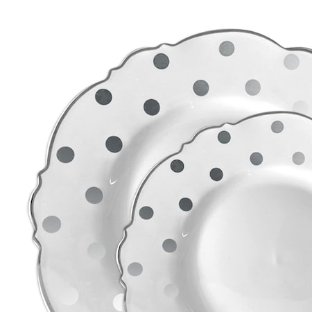 Smarty Had A Party White w/Silver Dots Round Blossom Plastic Dinnerware Set (120 Dinner Plates+120 Salad Plates), 240PK 980-S-VP-CASE